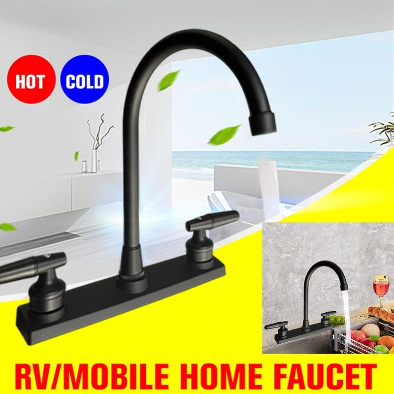 CHOUPIJIANG RV Kitchen Faucet,Kitchen Sink Faucet Replacement with Two Handle-8" Main Body,High Arc 360°Rotating Spout Kitchen Sink Faucet for RV Home Campers Motorhomes Travel Trailers,Black - Image 4